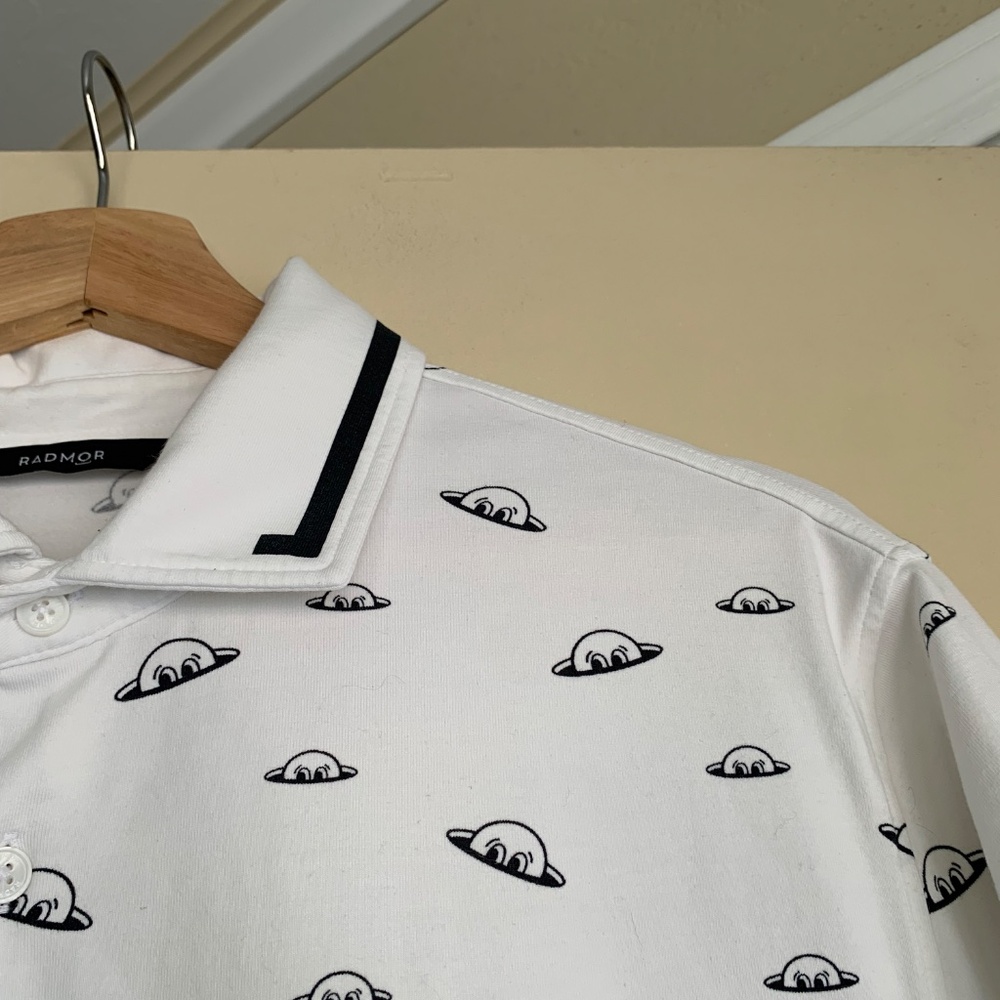 Radmor Men's Polo Golf Shirt Sz.M Pima Cotton White Blue Graphic Golf Ball Print - Picture 3 of 10